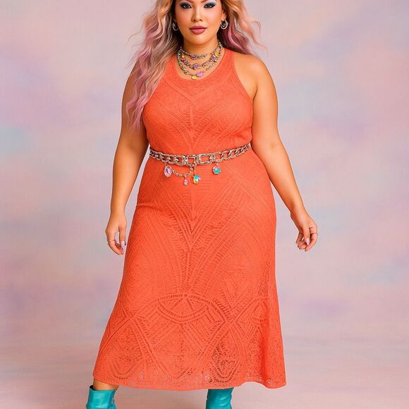 Y2K Coral Lace Mesh Maxi Dress 2XL Festival Vibes - Picture 1 of 13